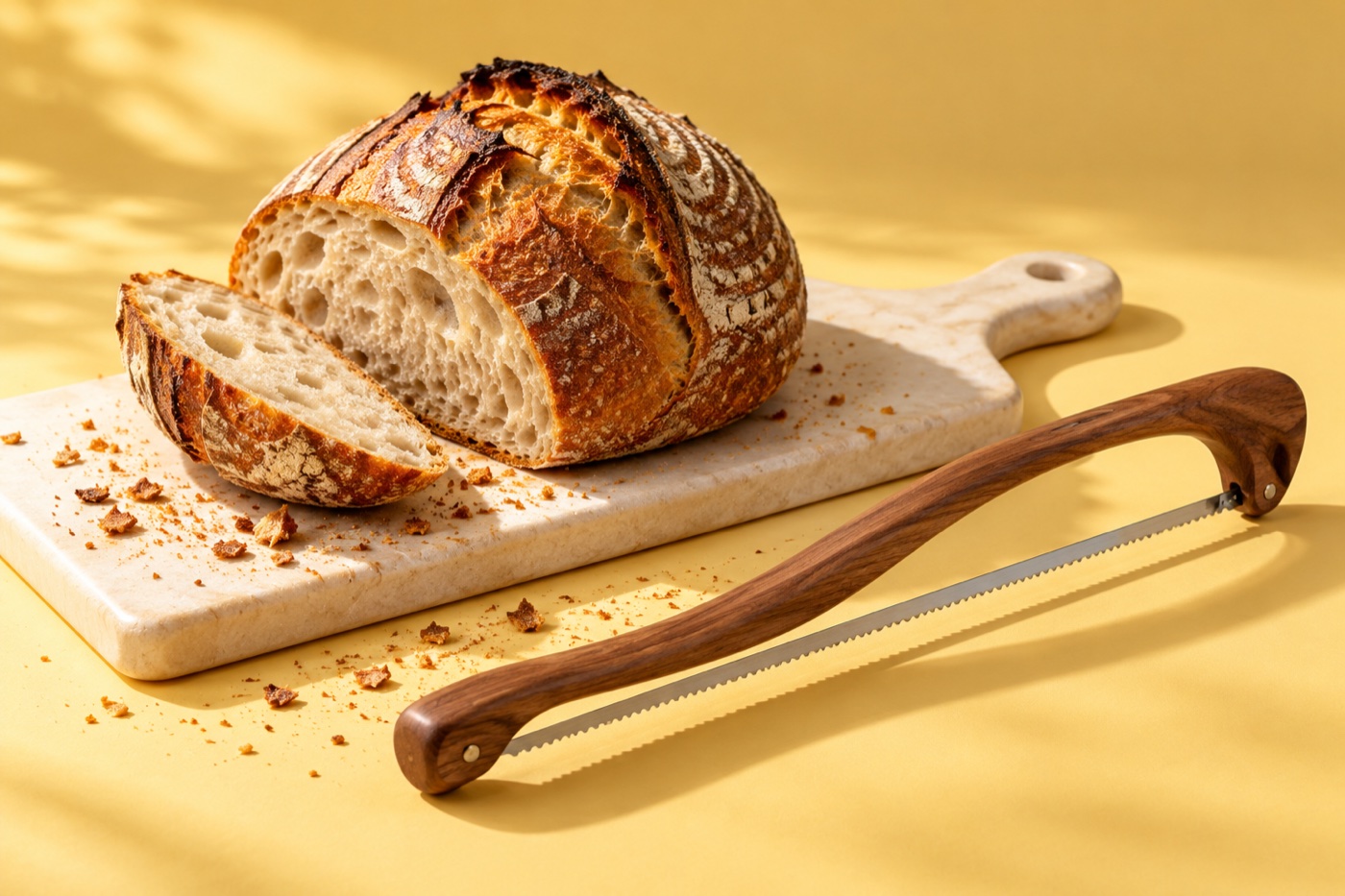 Illustrative sourdough loaf and wooden bread bow knife on a warm yellow background